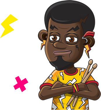 An illustration of a TT Rock Stars character called Spark. He's standing with his arms crossed, while holding his drumsticks.
